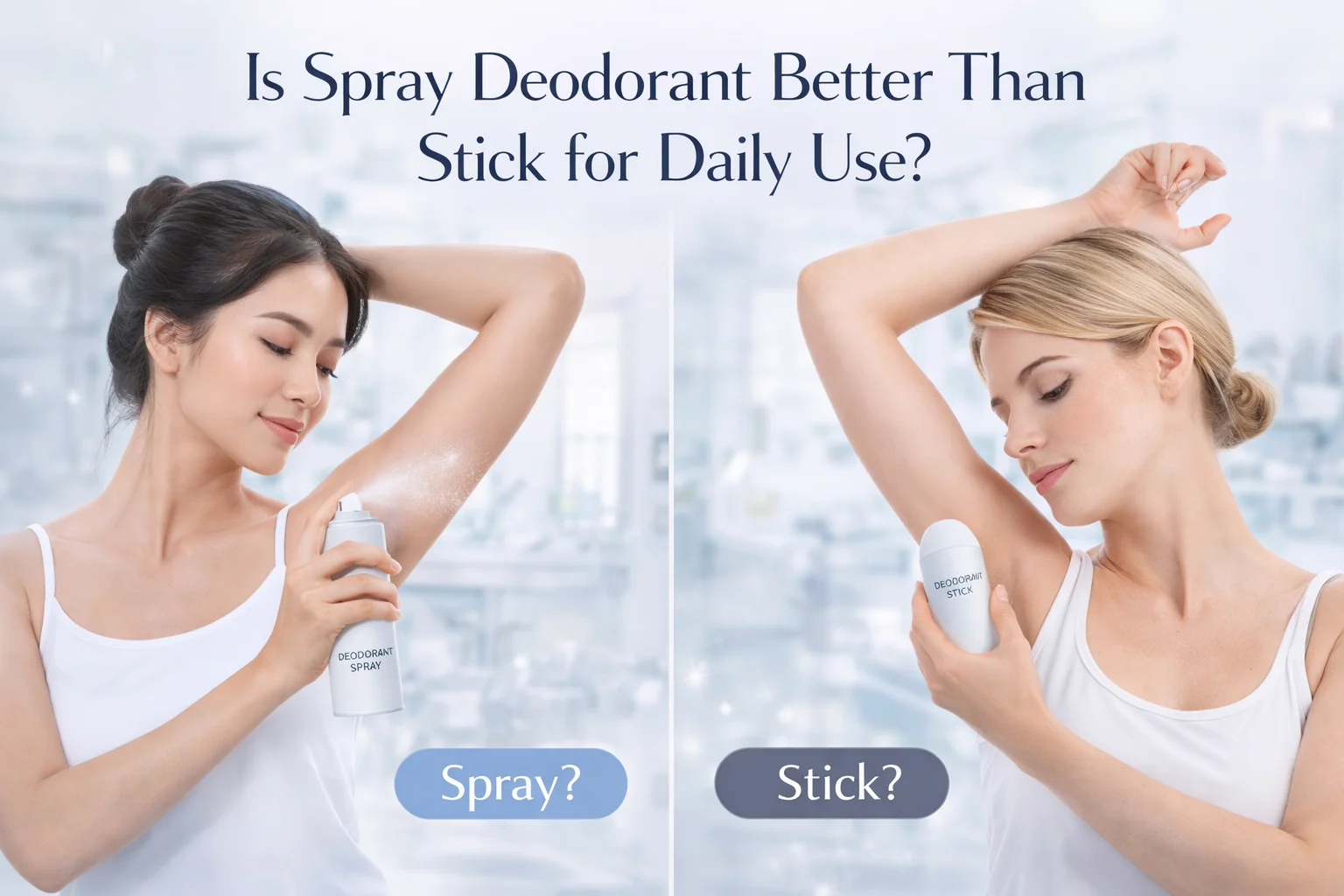A split image showing a woman applying spray deodorant on the left and stick deodorant on the right, questioning the better option for daily use.